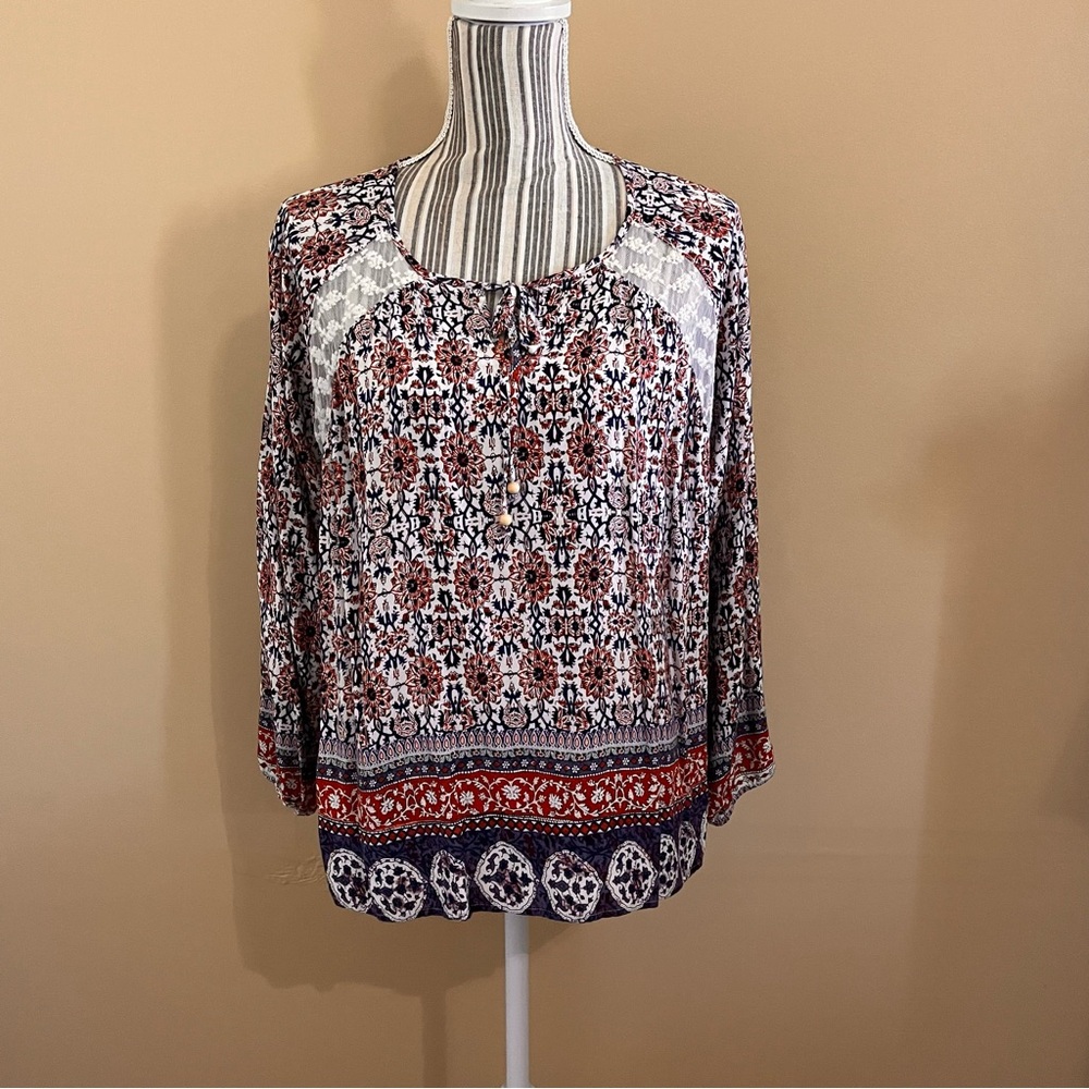 Umgee Women’s Long Sleeve Floral Boho Peasant Lace Flowy Blouse With Tie S